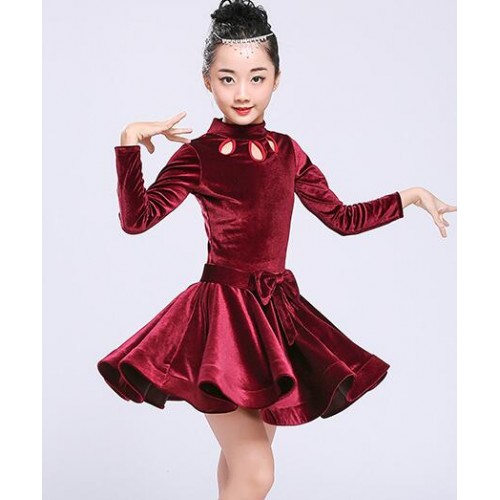Pink wine red blue wine red dark green velvet long sleeves competition performance girl's children ballroom latin dance dresses